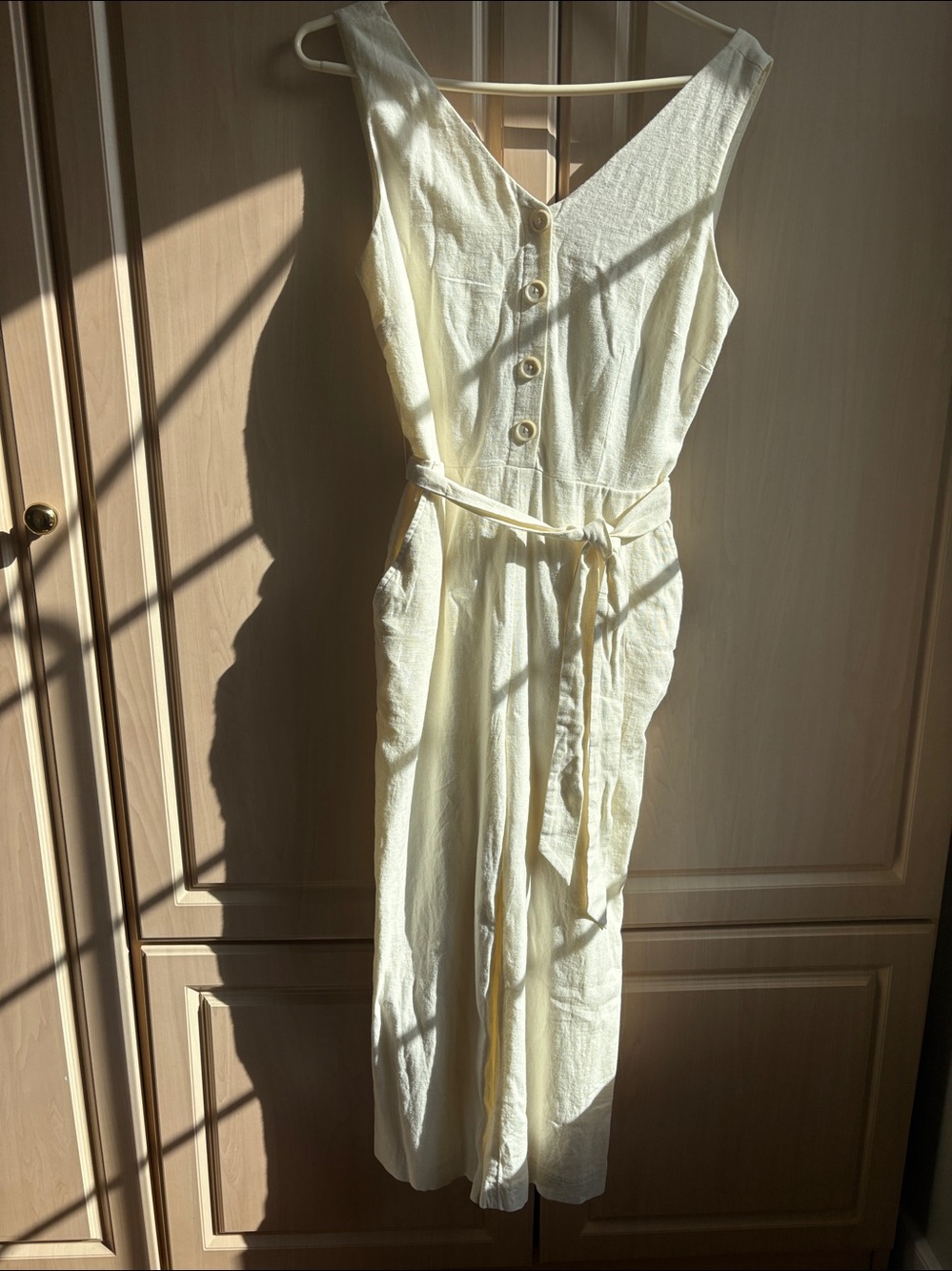 LOFT Cream Button-Front Linen Midi WIDE LEG JUMPSUIT Waist Tie NWT - Picture 2 of 9